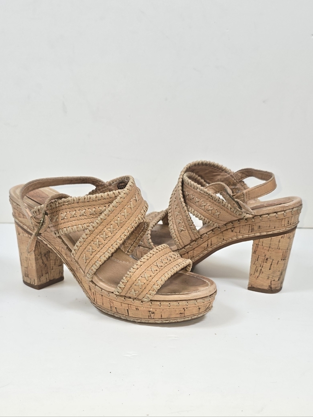 Fosil Cork Leather Platform Sandals Tan Braided Block Heel Women’s Sz 6.5
